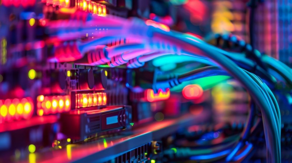 Colorful network cables plugged into glowing server hardware in a data center