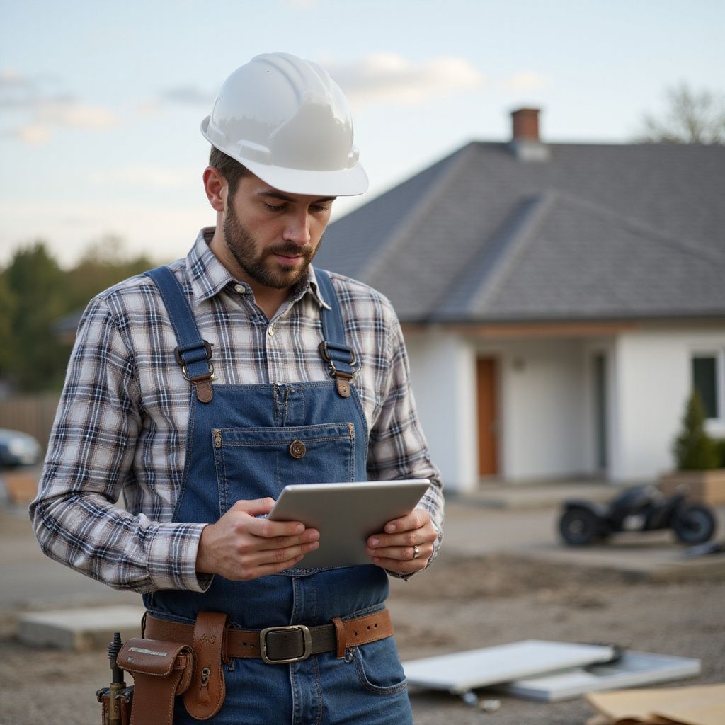 Construction worker in overalls and hard hat using a tablet on a construction site in front of a house.