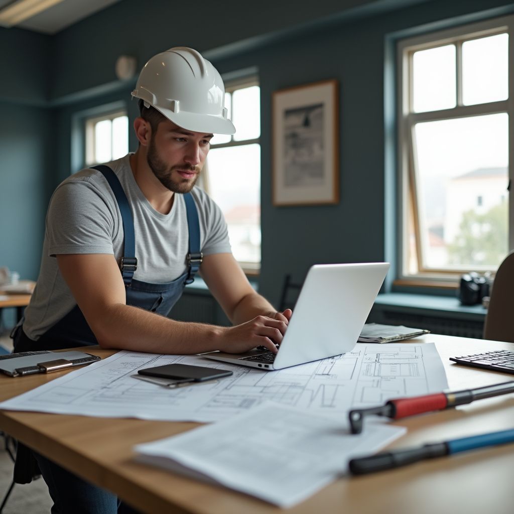 Construction worker in a white hard hat and overalls, using a laptop at a desk with blueprints and tools.