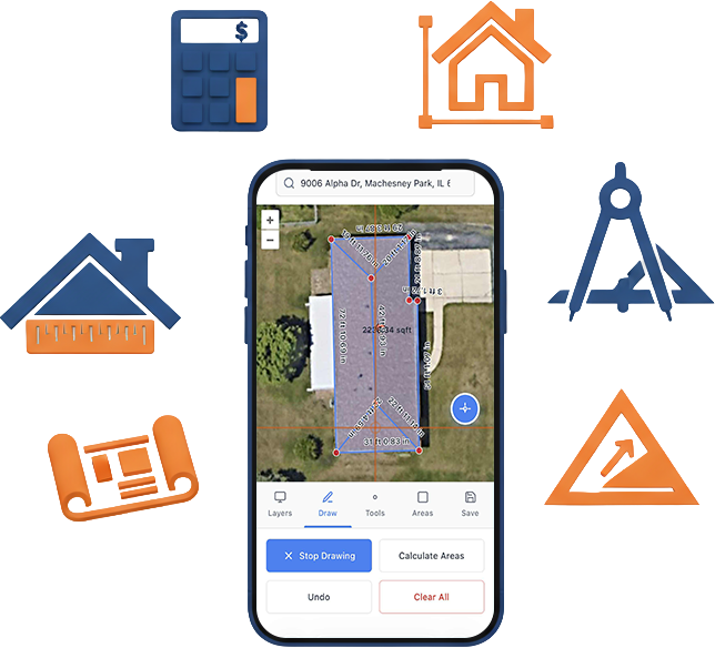 Smartphone app measuring a roof, surrounded by home-related icons, including a calculator, blueprints, and drawing tools.