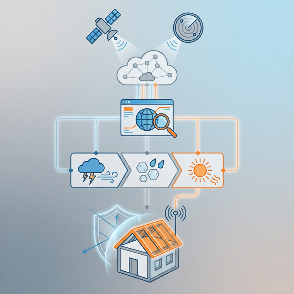 Weather data flow: satellite/radar to cloud, then analysis. Forecast shows storms/sun, shielding a house.