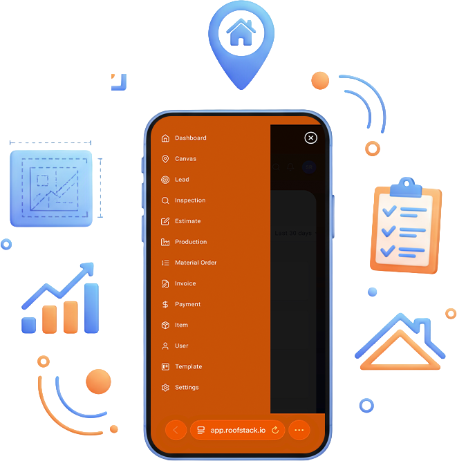 Mobile app interface showing navigation menu, surrounded by property-related icons like a location pin and chart.