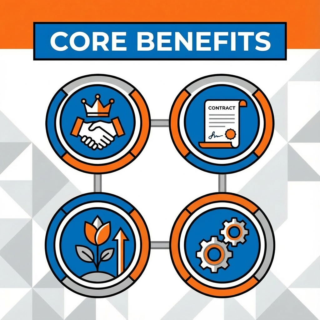 Four circular icons labeled