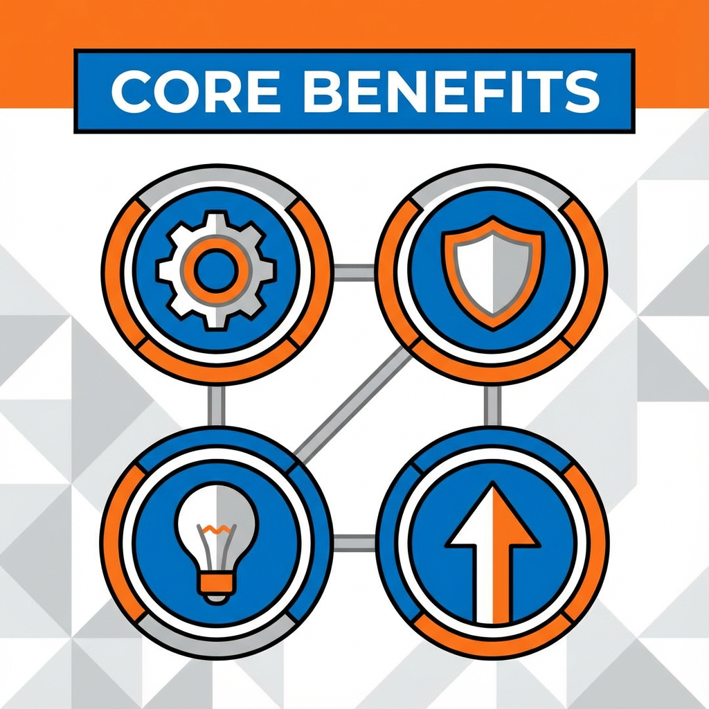 Core benefits: Four linked circular icons with a gear, shield, lightbulb, and upward arrow.