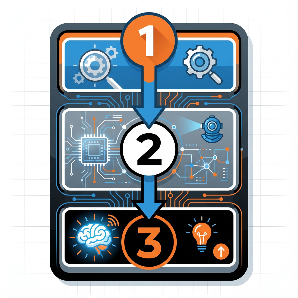 Infographic: Three steps in a process with orange numbers and down arrows. Each step has icons like gears, circuits, and a brain.