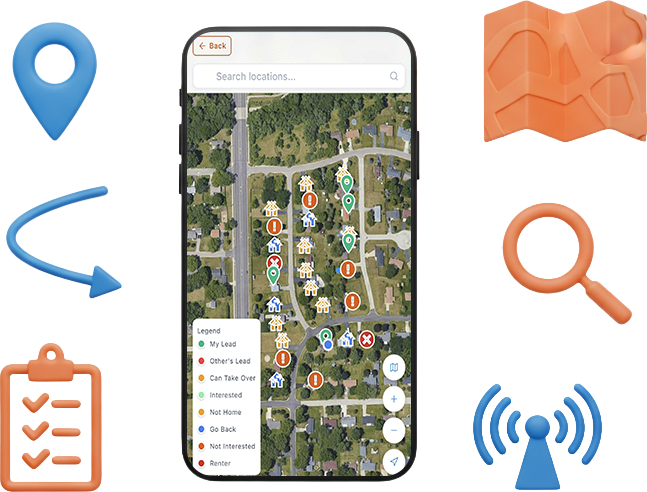Smartphone app displaying a map with location markers and a legend. Surrounding icons: location pin, route arrow, checklist, map, magnifying glass, and Wi-Fi symbol.