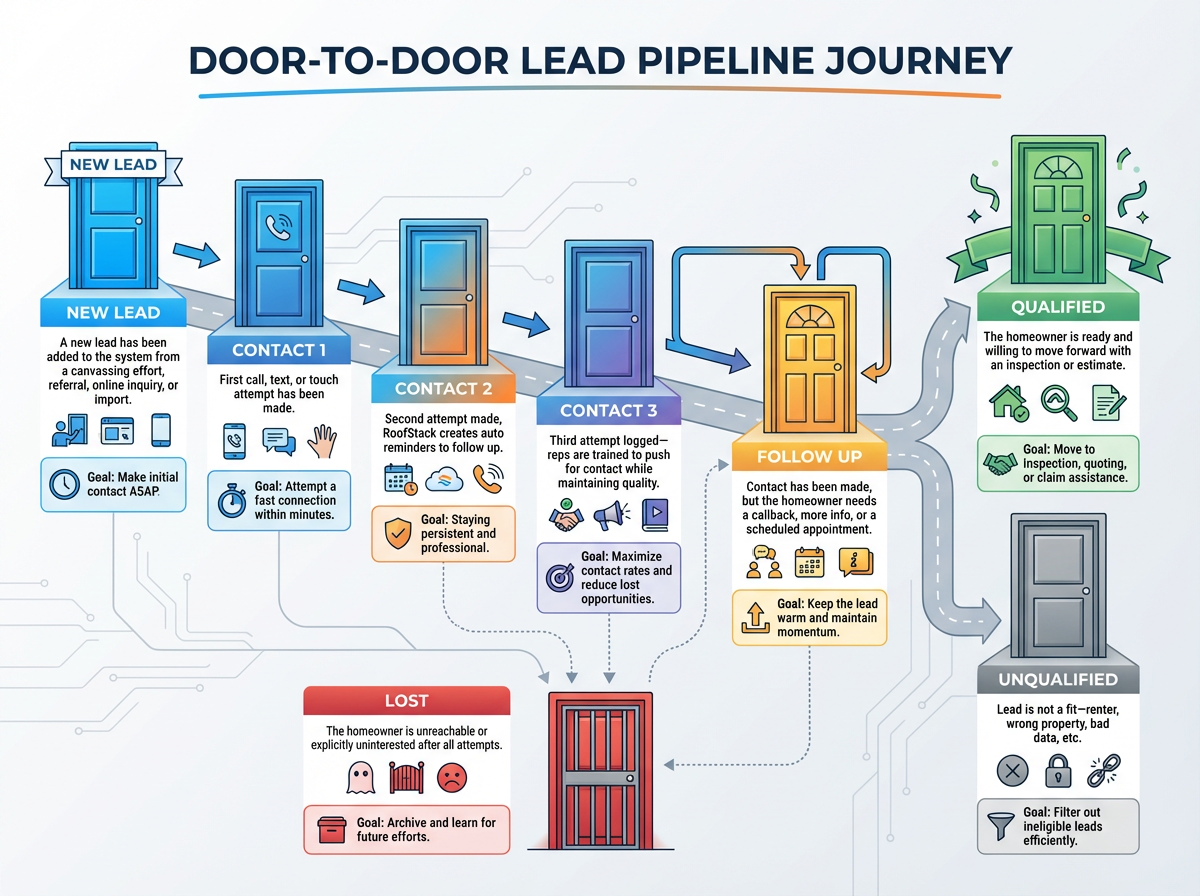 Door-to-door sales lead pipeline journey with doors representing stages: lead generation, contact, follow-up, and closing.
