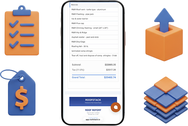 Smartphone displaying a financial report, surrounded by 3D icons: a clipboard, price tag, upload icon, and stacked blocks.