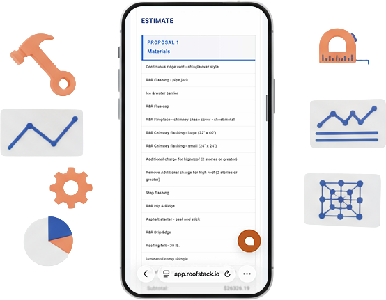 Smartphone app showing a proposal list with various materials. Surrounded by construction-related icons.