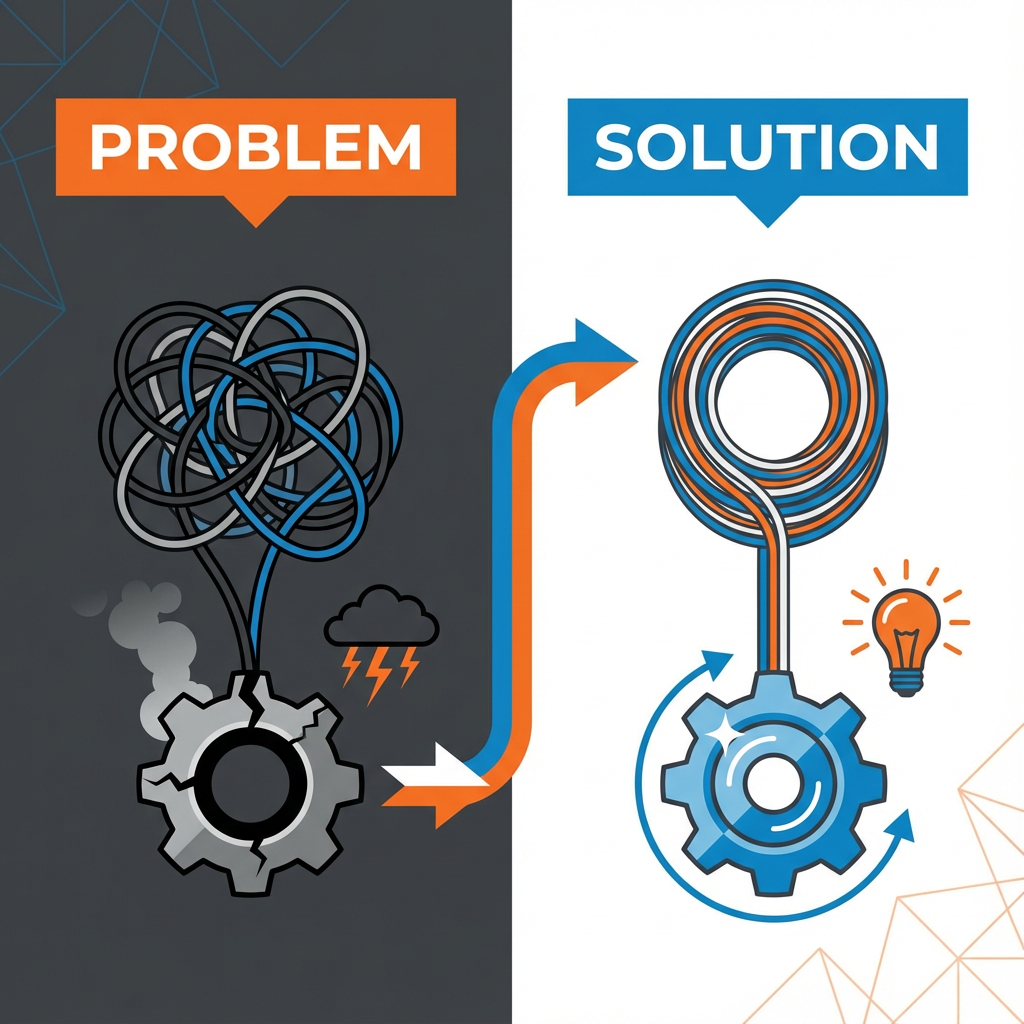 Problem side: tangled wires, stormy clouds, broken gear. Solution side: organized wires, working gear, lightbulb.