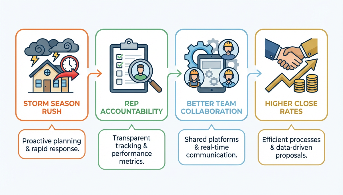 Workflow: Storm season prep, rep accountability, better team collaboration, higher close rates.