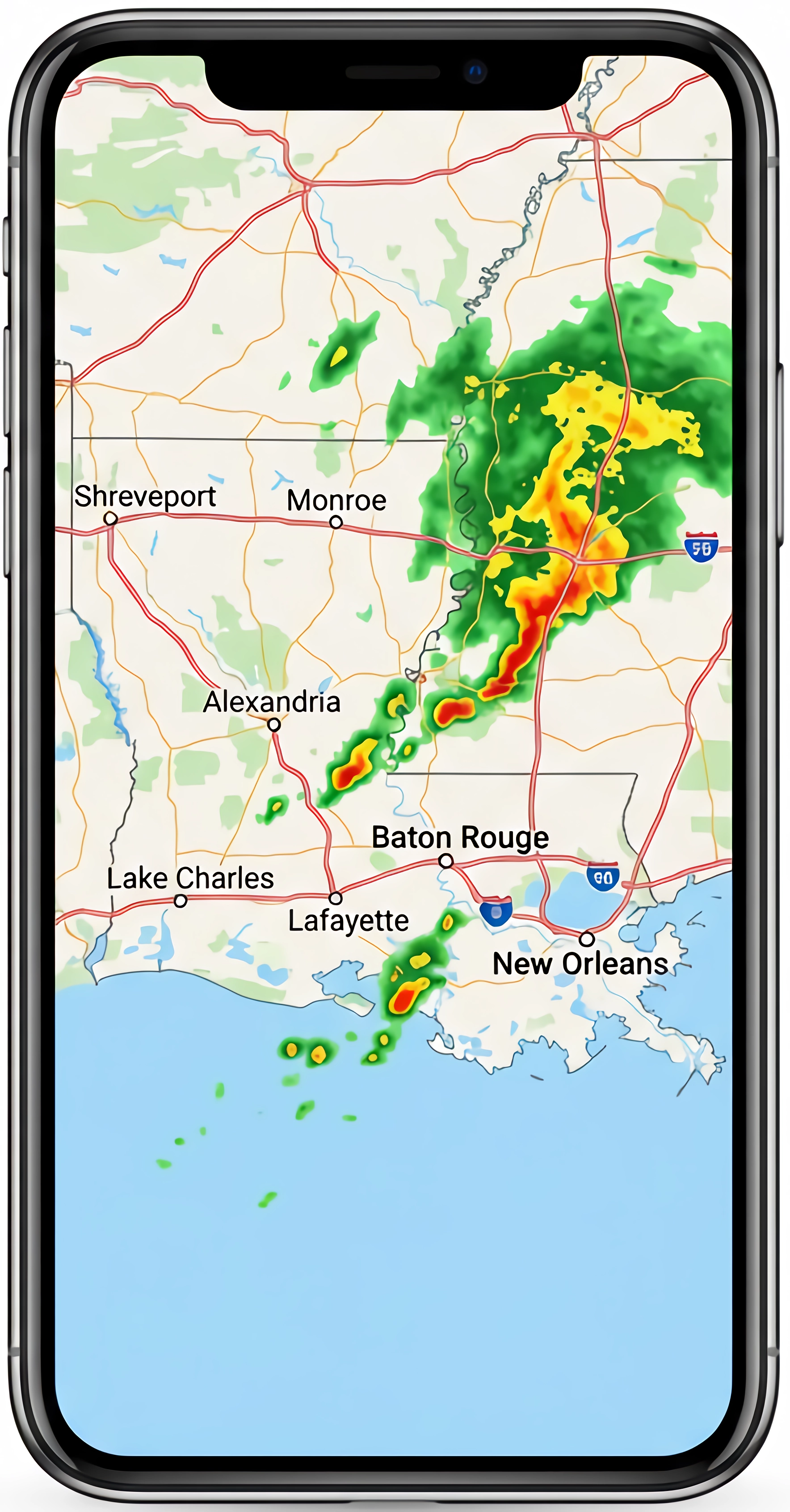 Radar image on phone showing active storms over Louisiana, Mississippi, and the Gulf Coast.