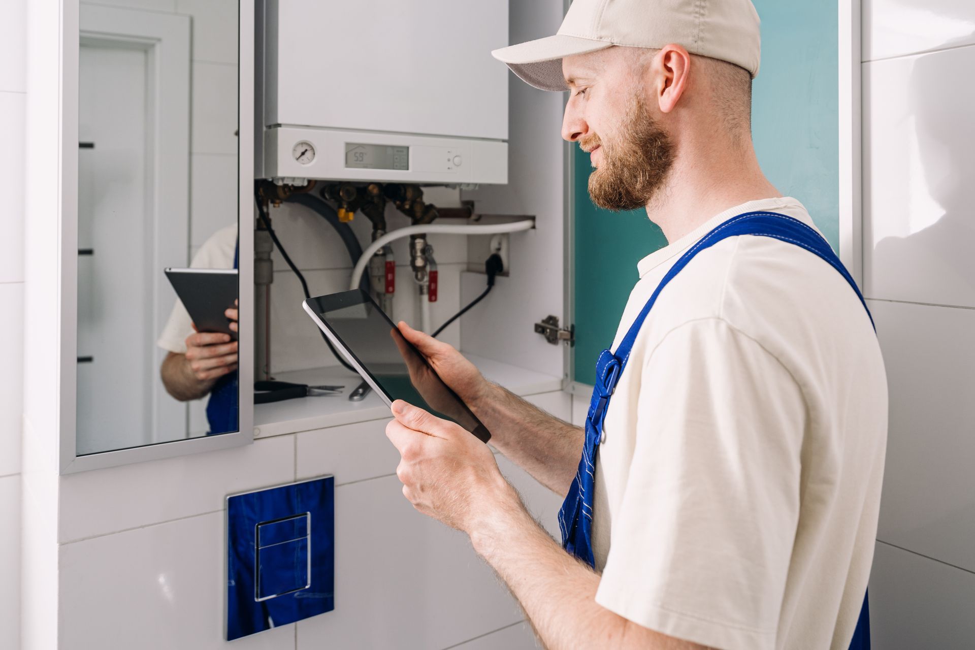 A repairman performs maintenance on a gas boiler.