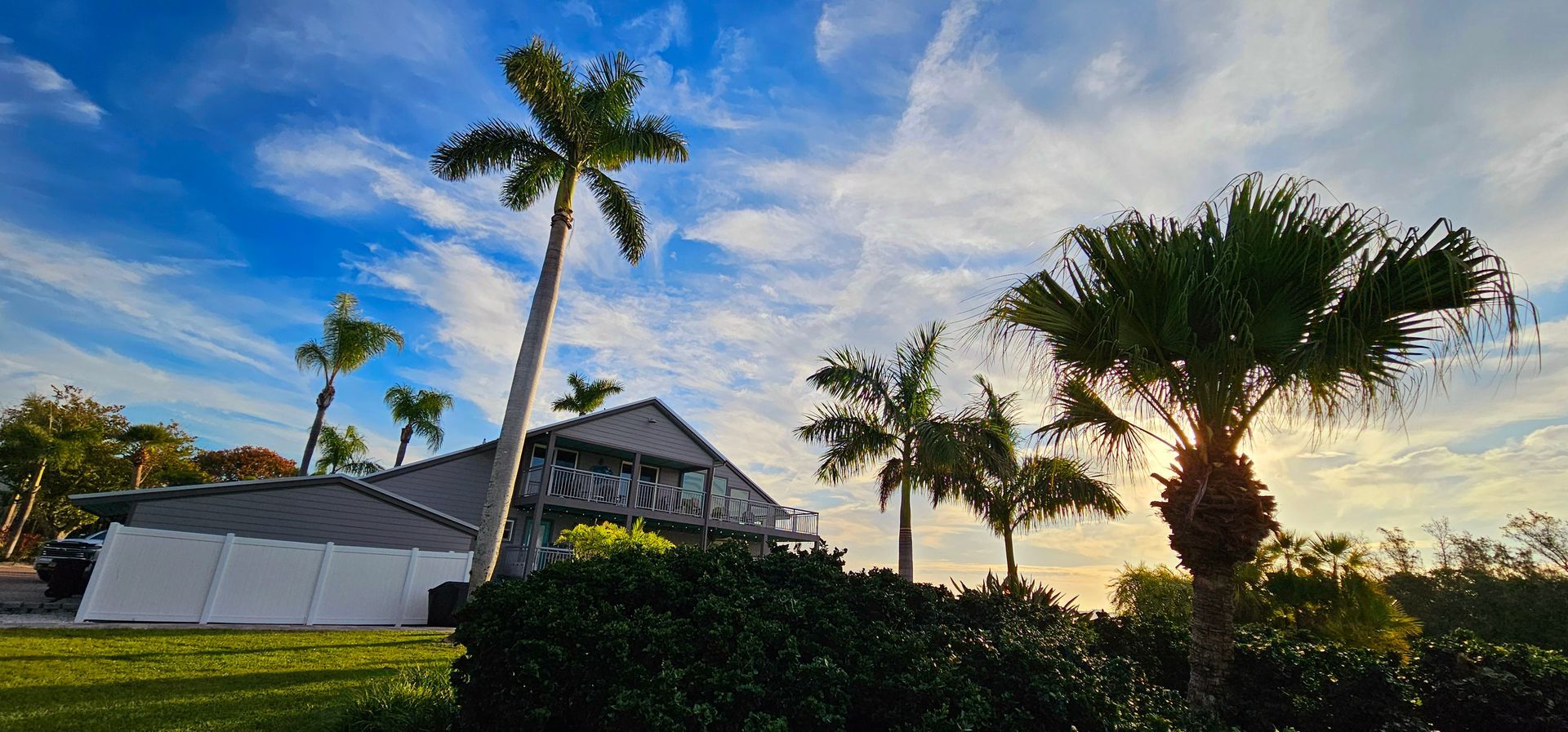 A house with palm trees in front of it on a sunny day.