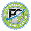 A green and silver badge that says authorized applicator
