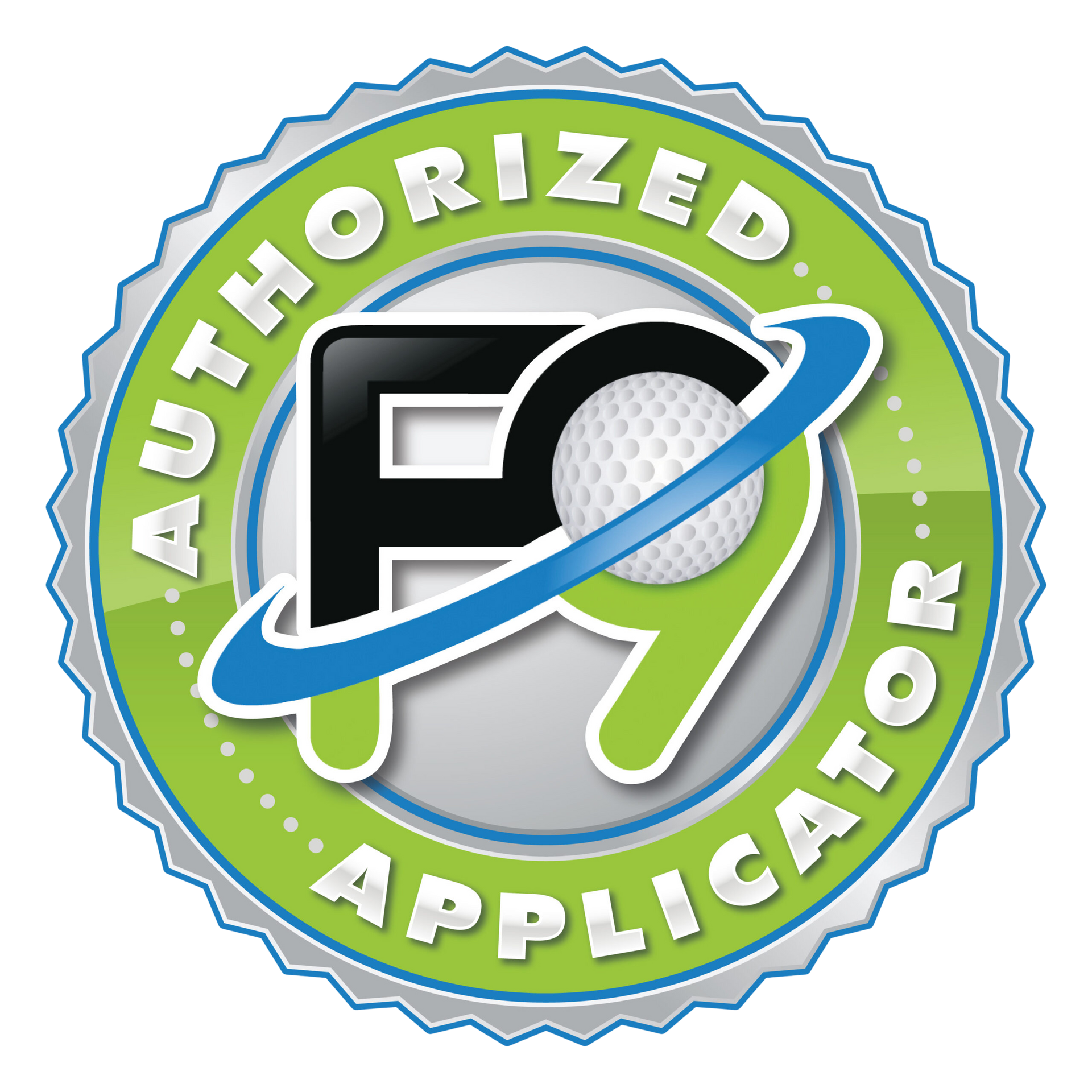 A green and silver badge that says authorized applicator