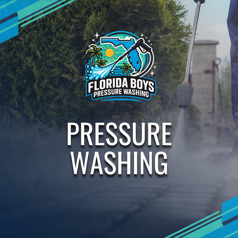 Pressure washing services by Florida Boys. Man spraying a sidewalk. Logo features palm trees, sun, and Florida outline.