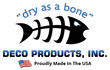A logo for deco products inc. with a fish skeleton