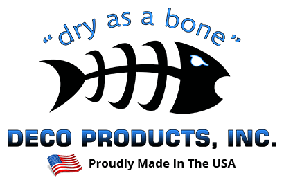 A logo for deco products inc. with a fish skeleton