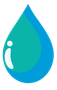 A blue water drop with a white reflection on a white background.