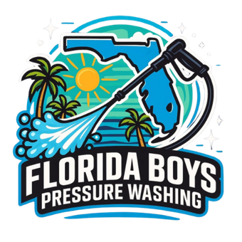 Florida Boys Pressure Washing logo with blue pressure washer spray, Florida outline, sun, and palm trees