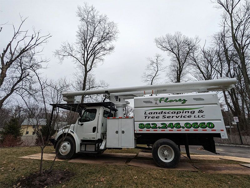White landscaping service truck with extended boom parked on a residential street.