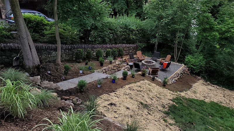 Landscaped backyard with fire pit and seating area, pathway, and surrounding greenery.
