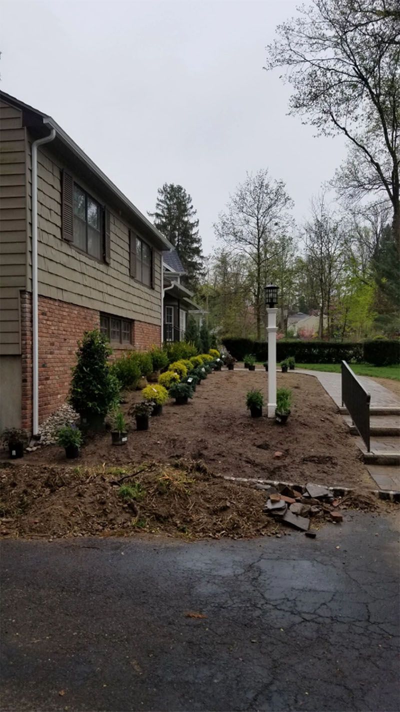 Residential landscaping: newly planted shrubs, dirt, asphalt driveway, house with brick and siding exterior.
