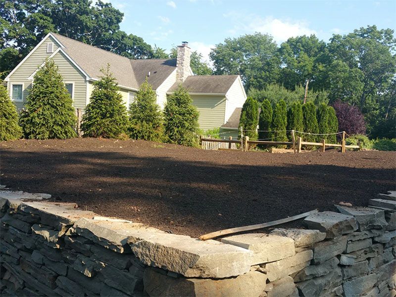 Stone wall frames a newly mulched yard with house and trees in background.