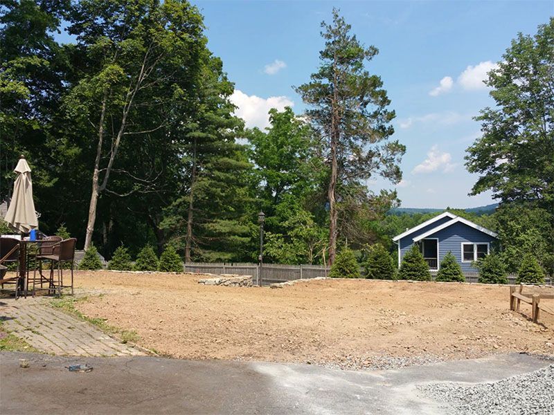 A gravel yard in front of a small blue house, surrounded by trees under a blue sky.
