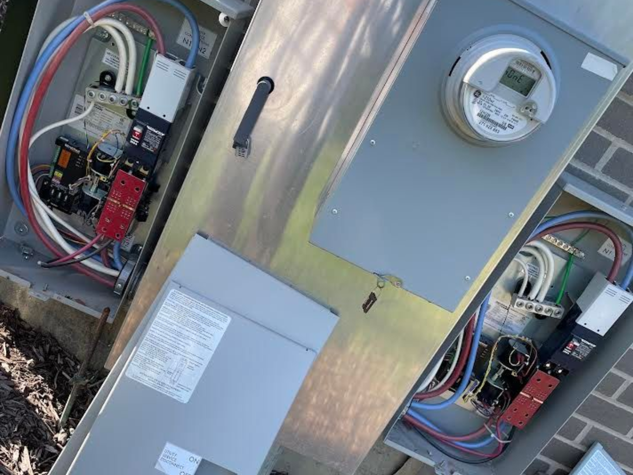 Electrical switch with multiple terminals, a red switch, and indicator lights.