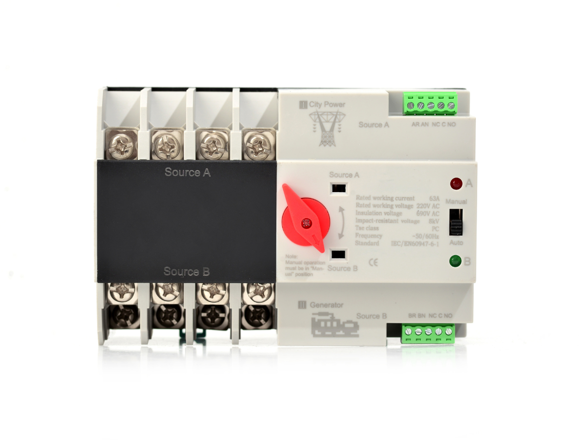 Electrical switch with multiple terminals, a red switch, and indicator lights.