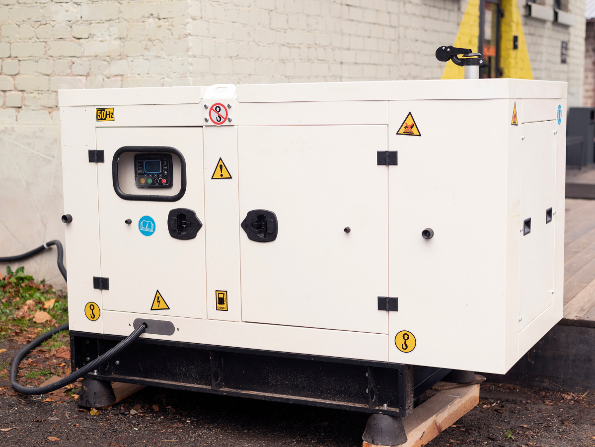 White generator on black base, outdoors, with caution symbols and control panel.