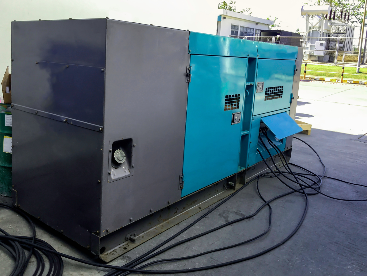 Blue and gray industrial generator, outdoors. Black cables run from it.