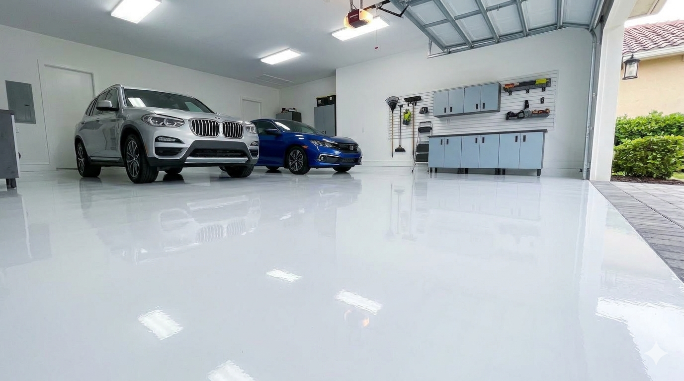 Solid white epoxy floor coating in a clean organized garage.