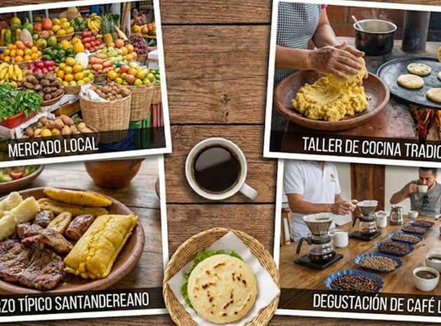 Comida y café colombiano: mercado, cocina tradicional, degustación, además plato y arepa con café en leña.