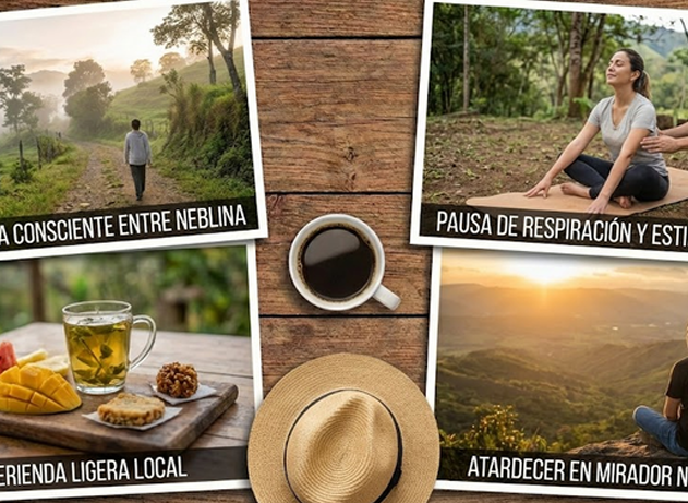 Mesa de madera con café, sombrero e imágenes de naturaleza, yoga y comida.