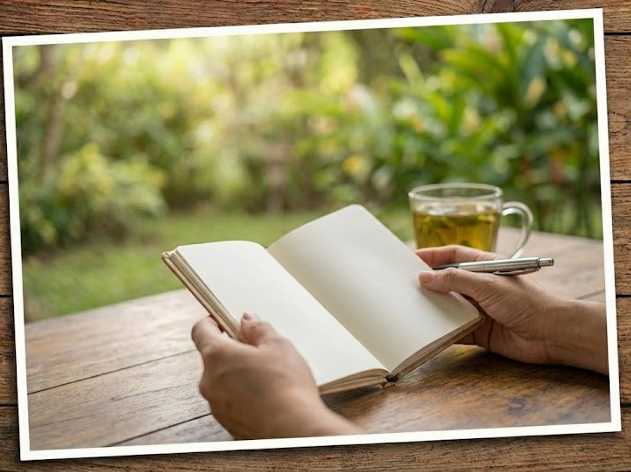 Mesa de madera con café, sombrero e imágenes de naturaleza, yoga y comida.