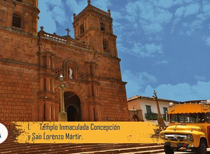 Brick church with a yellow bus, text reads 