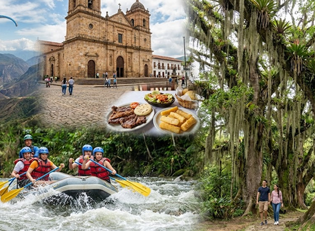 Collage: Iglesia, comida, rafting y pareja caminando en la naturaleza.
