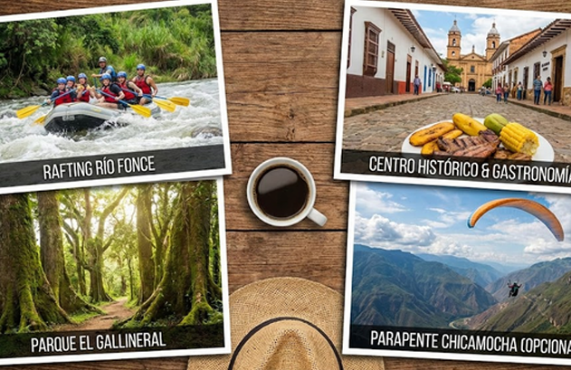 Collage: Iglesia, comida, rafting y pareja caminando en la naturaleza.