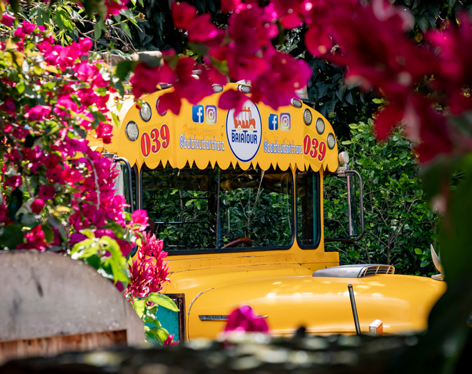 Iglesia de piedra con escalones y un autobús escolar amarillo.