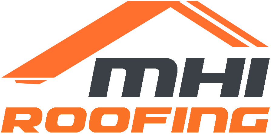 Mhi roofing logo with orange roofline and bold black and orange text