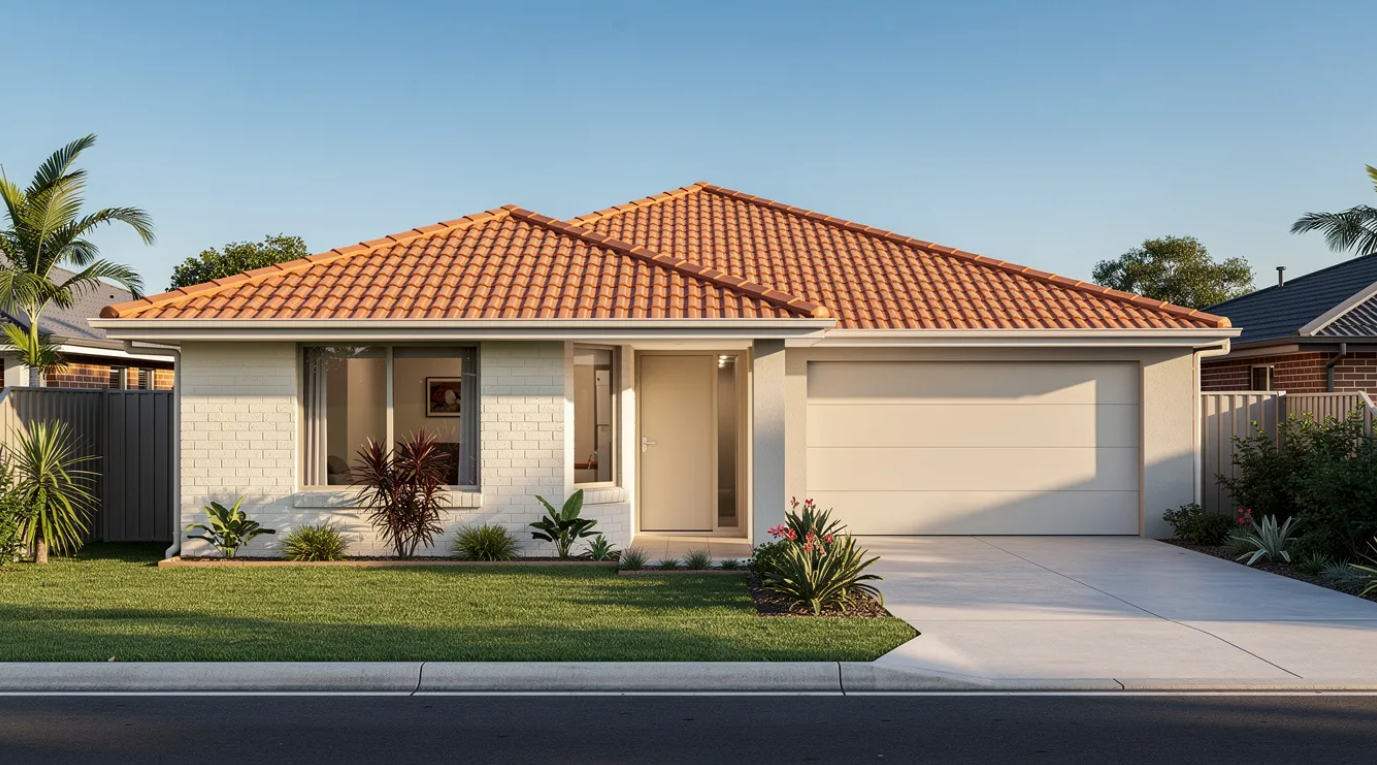 Single-story suburban house with terracotta roof, beige exterior, and a double garage