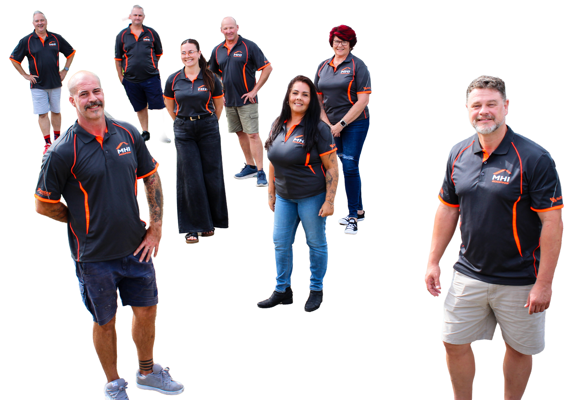 Seven people in black-and-orange shirts posing on a white background