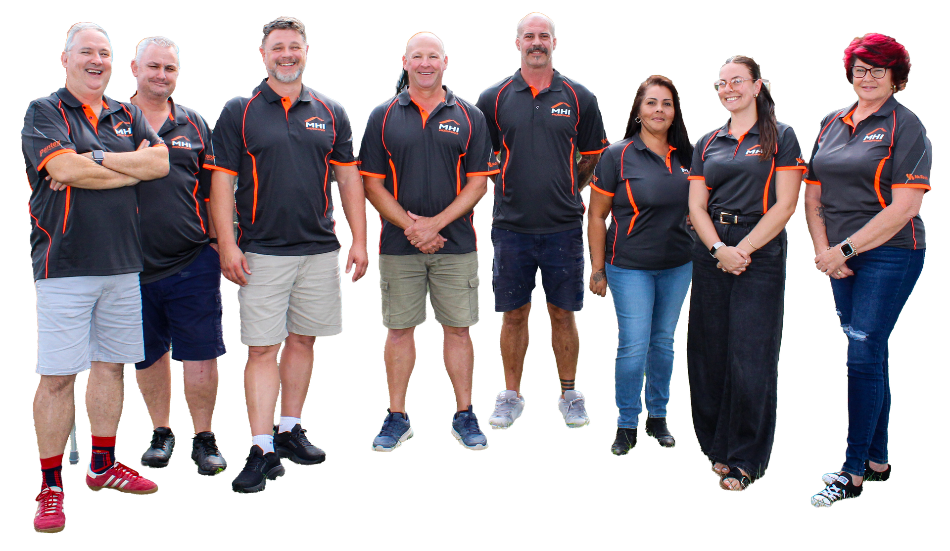 Eight people in matching dark shirts posing together on a white background.