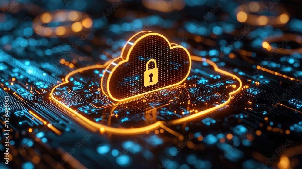 Lock icon on a cloud as a symbol of safety and internet protection.