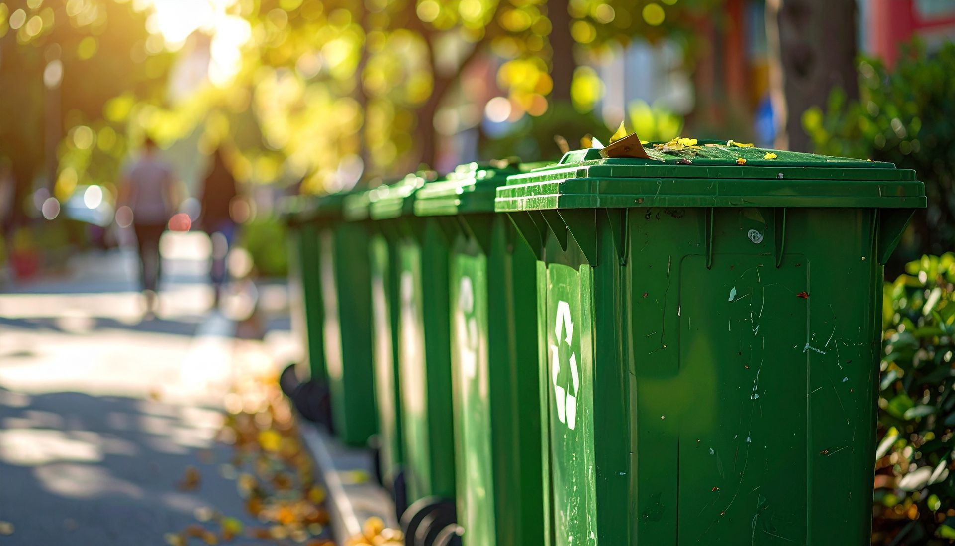 Green recycling bins lined along sidewalk for commercial recycling services in business district.