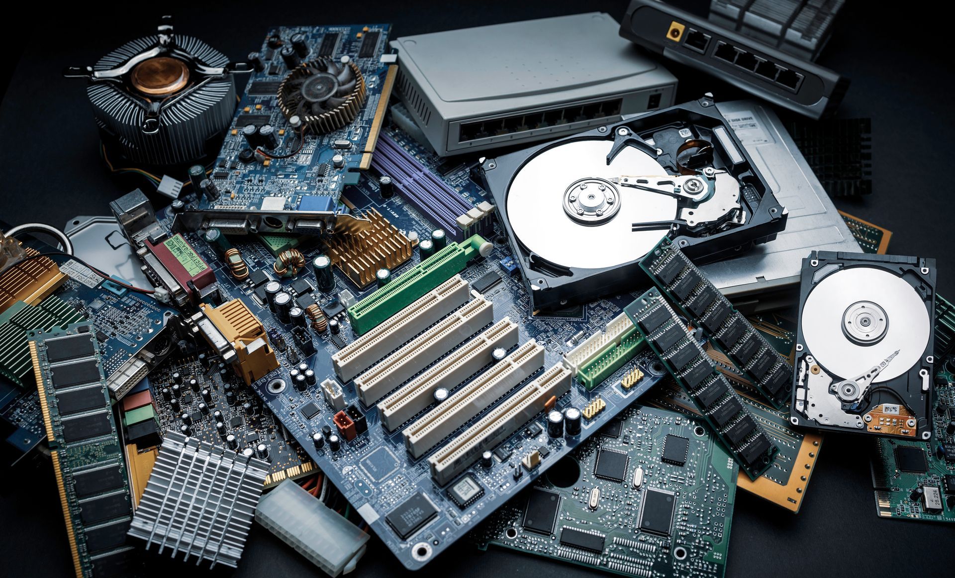 A heap of electronic and computer hardware waste for safe disposal or recycling services. A heap of electronic and computer hardware waste for safe disposal or recycling services.