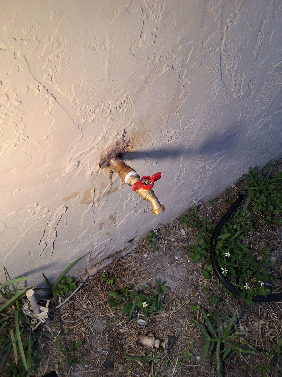 Wall-mounted outdoor faucet with a red and yellow handle beside a concrete wall and grass.